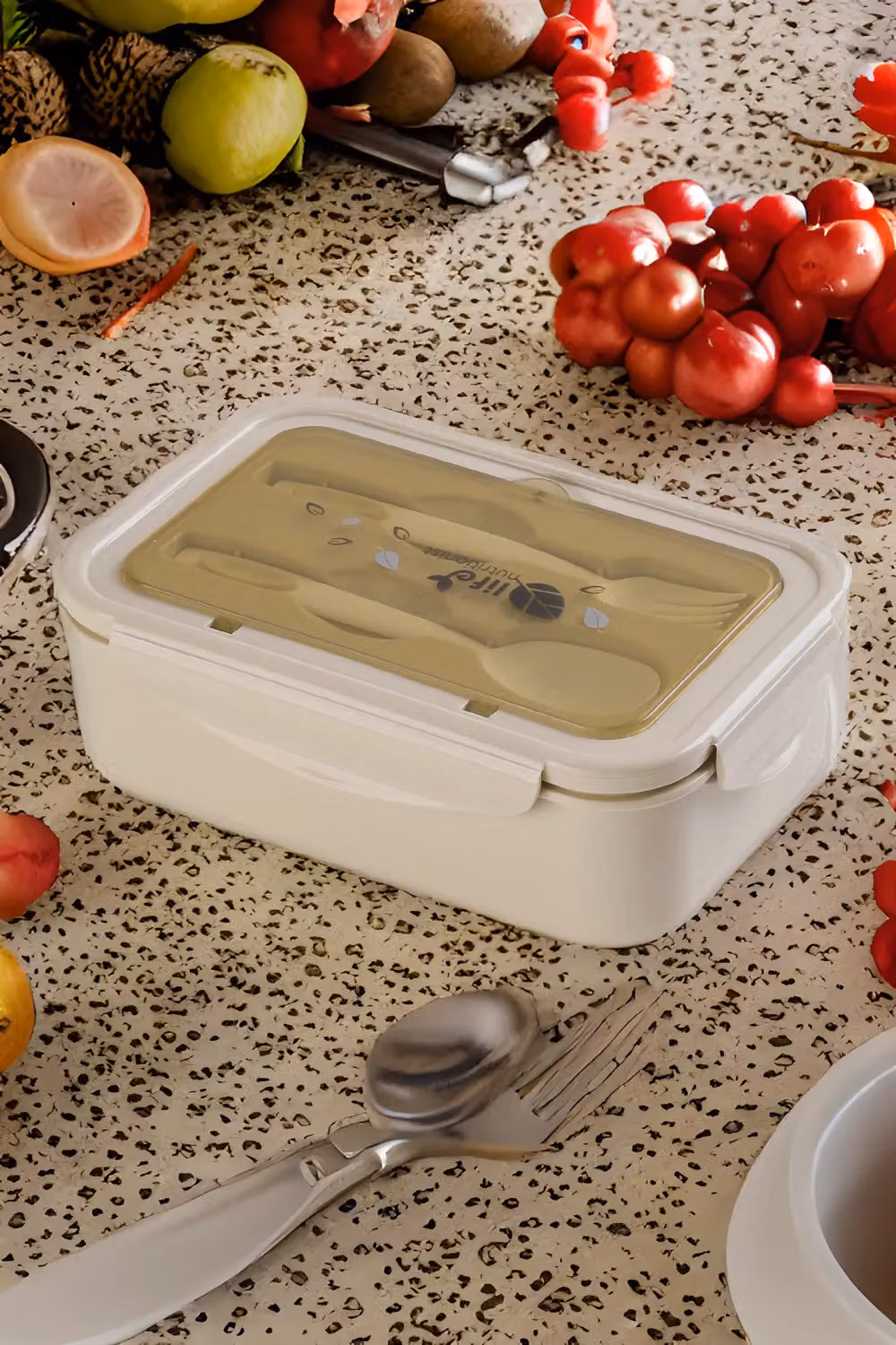 Living and Home 1400ml 2-Layer Bento Lunch Box with Cutlery and Dividers in Beige – 3