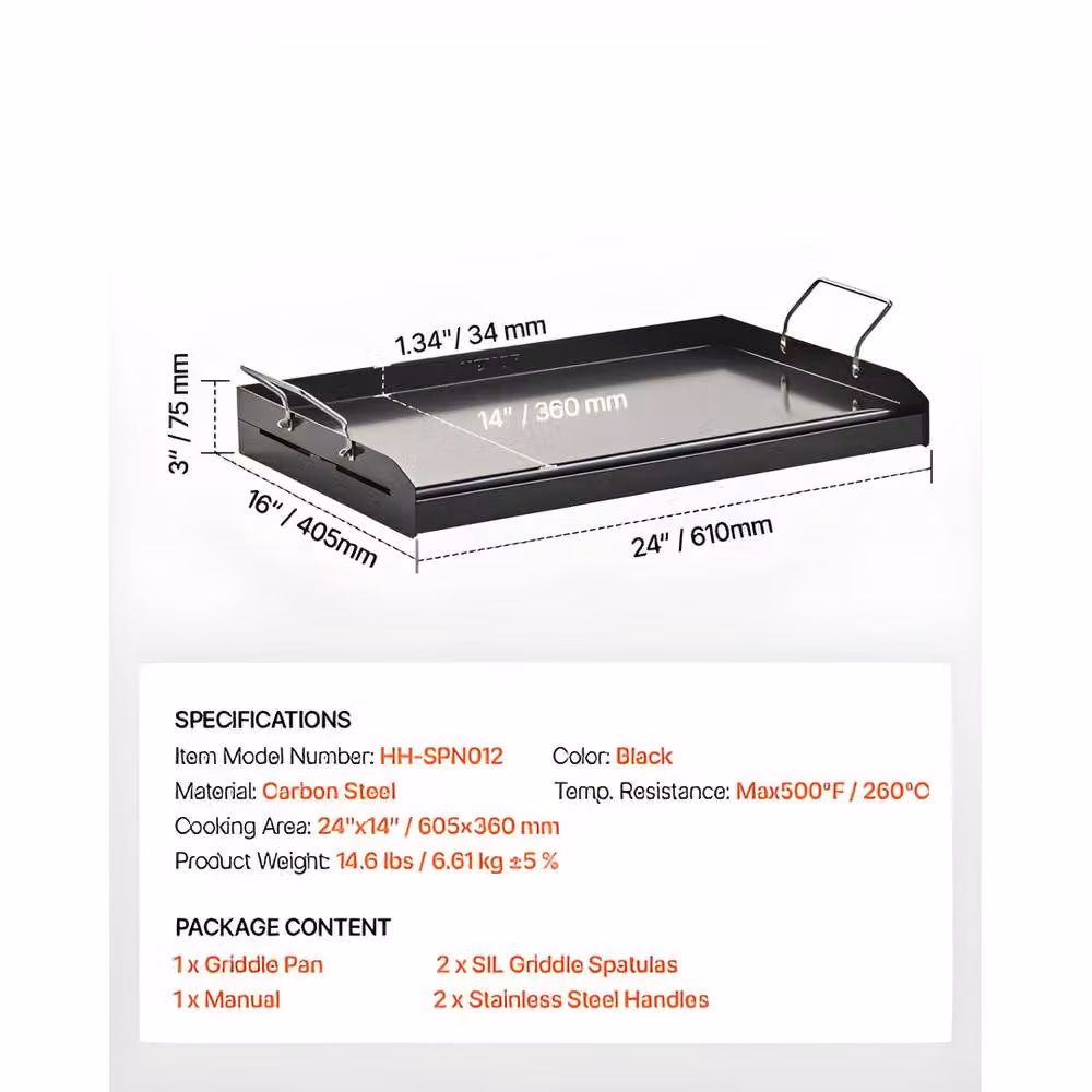 VEVOR Black Carbon Steel Gas Griddle Flat Top Plate W/D/H: 60.96 x 60.96 x 40.64 cm – 4