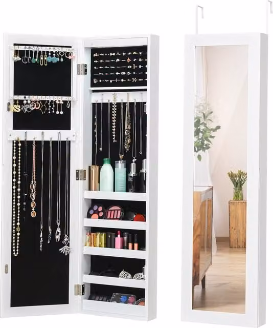 COSTWAY Modern White Wall Mounted Jewellery Cabinet with Integrated LED Lighting and Mirror Door