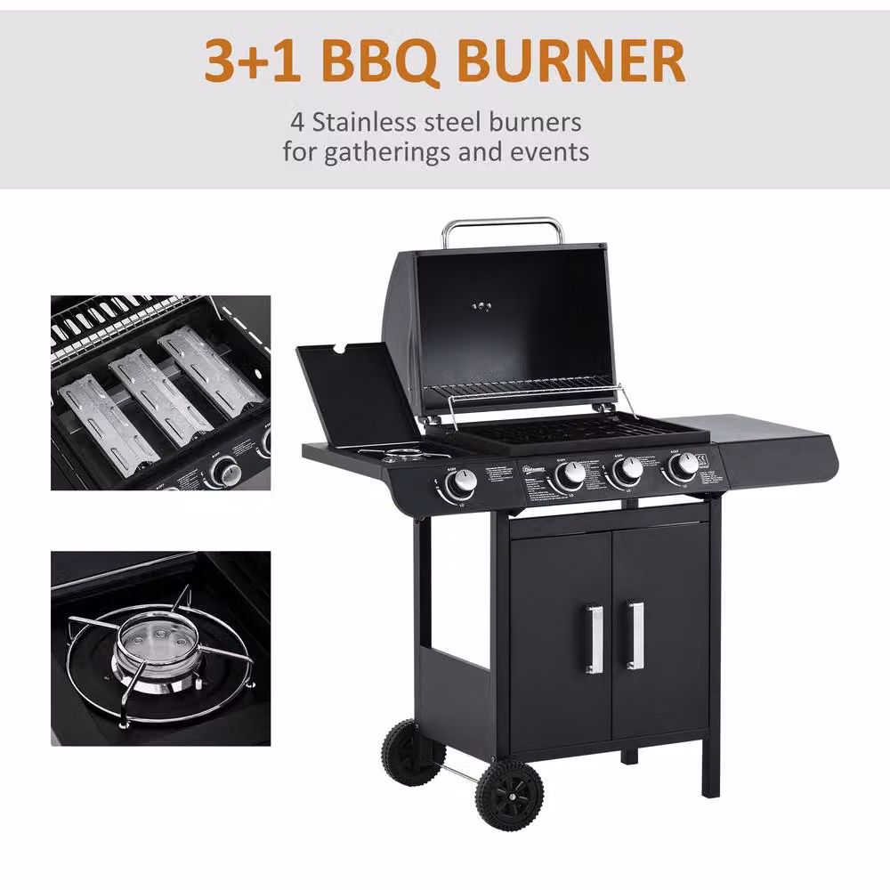 OUTSUNNY Gas Barbecue Grill with 3+1 Burners, Side Burner and Thermometer, Black – 4