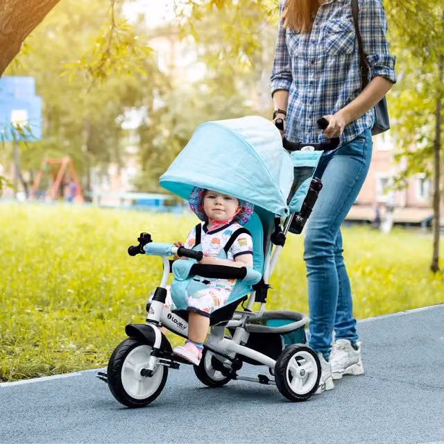 HOMCOM 6-in-1 Kids Tricycle with Canopy and Push Handle, Green