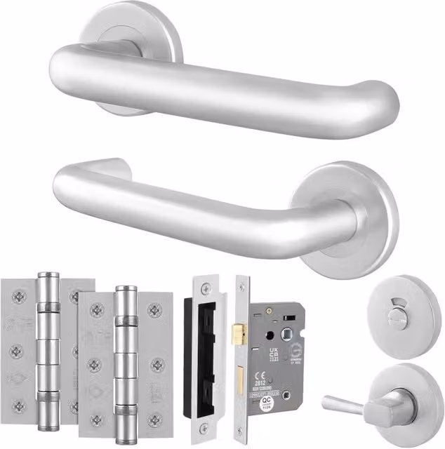 AFIT Satin Aluminium Return to Door Handles with Bath Lock and 64mm Hinges, Silver, W/D/H: 15 x 15 x 1.5 cm