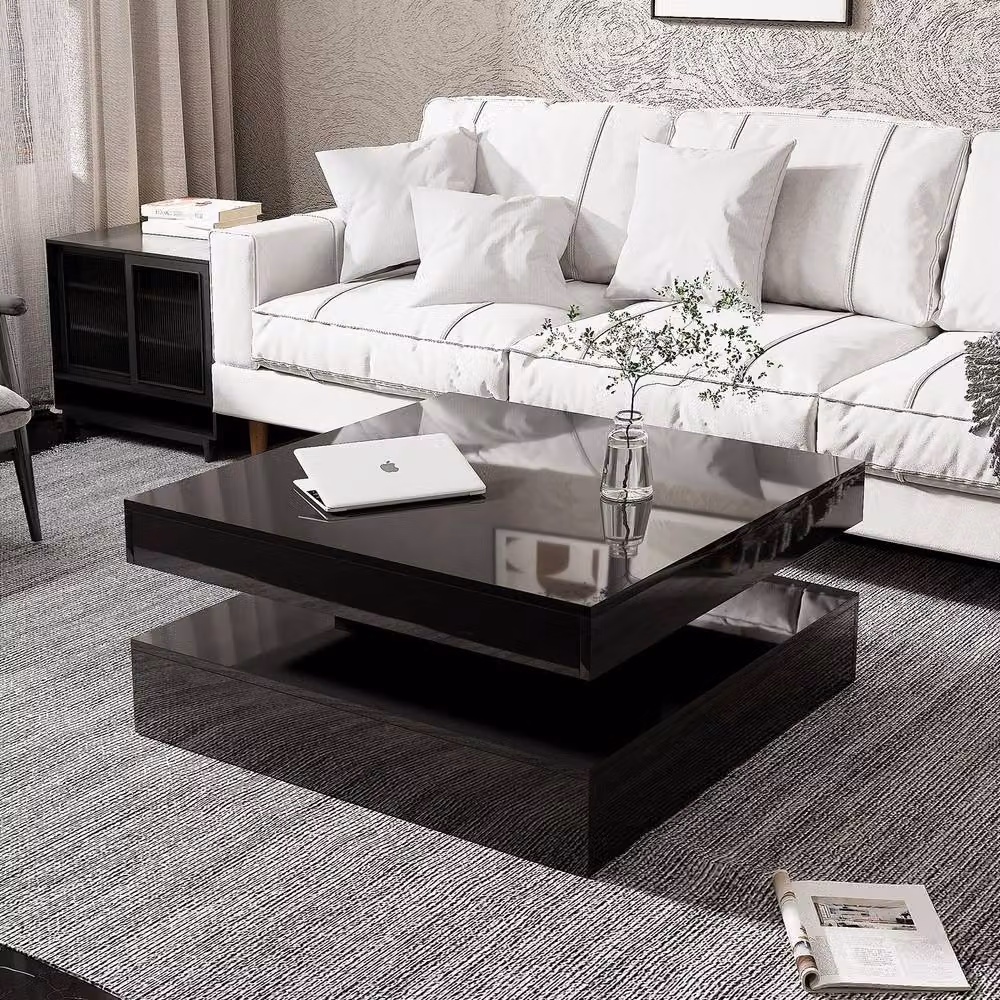 KEEPREAPER Modern Square Coffee Table with Storage and LED Light in Black, W/D/H: 78 x 40 x 78 cm – 6