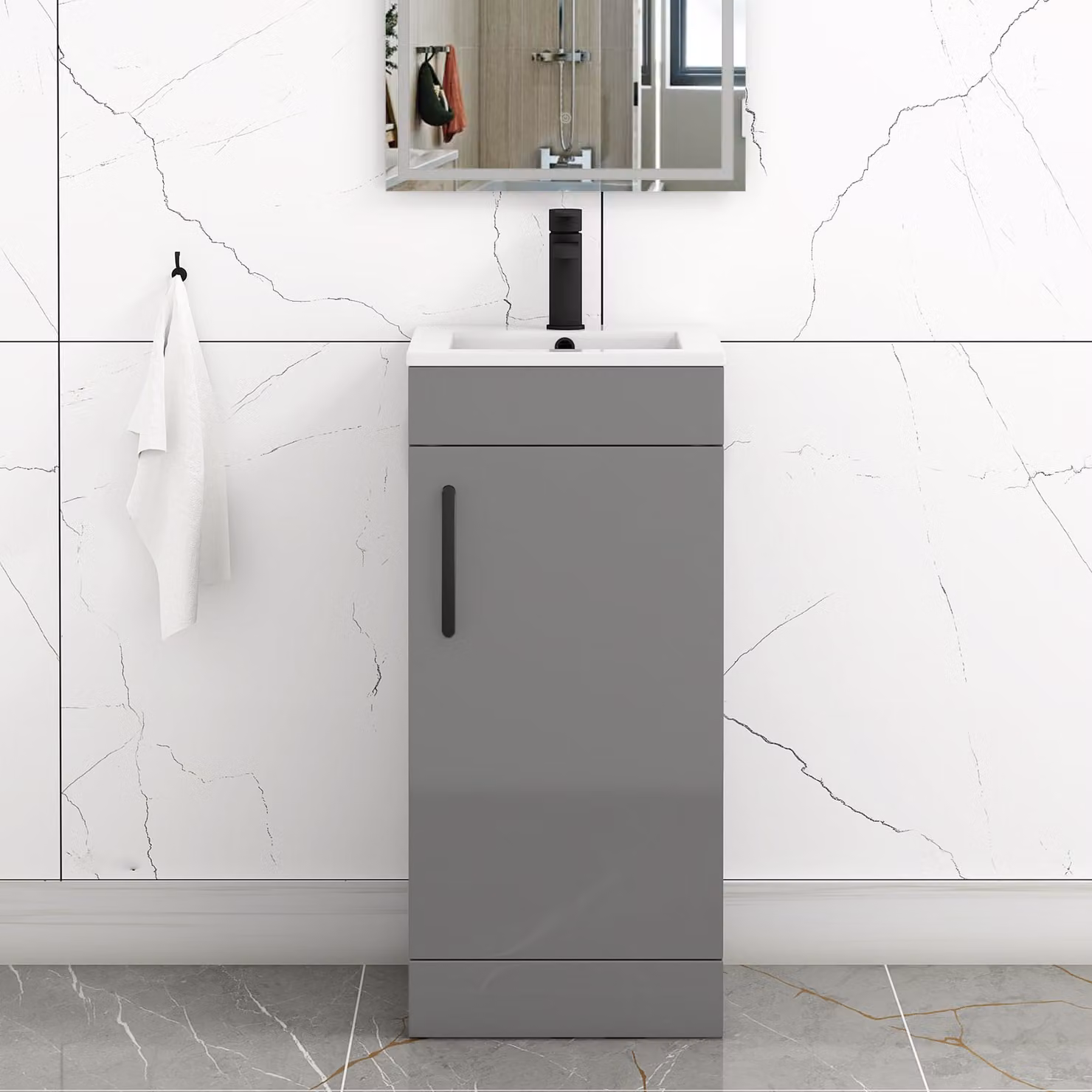 Royal Bathrooms Turin 400mm Floor Standing Cloakroom Vanity Unit with Basin Sink, 1 Door, Grey Glossy Finish