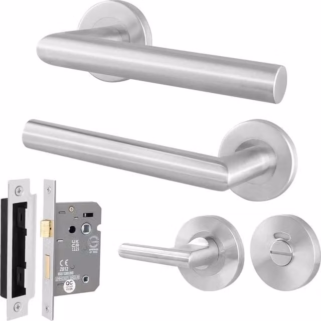 AFIT Silver Satin Lever on Rose Door Handles and Bathroom Lock Kit in Brushed Stainless Steel, W/D/H: 15 x 15 x 2 cm – 1