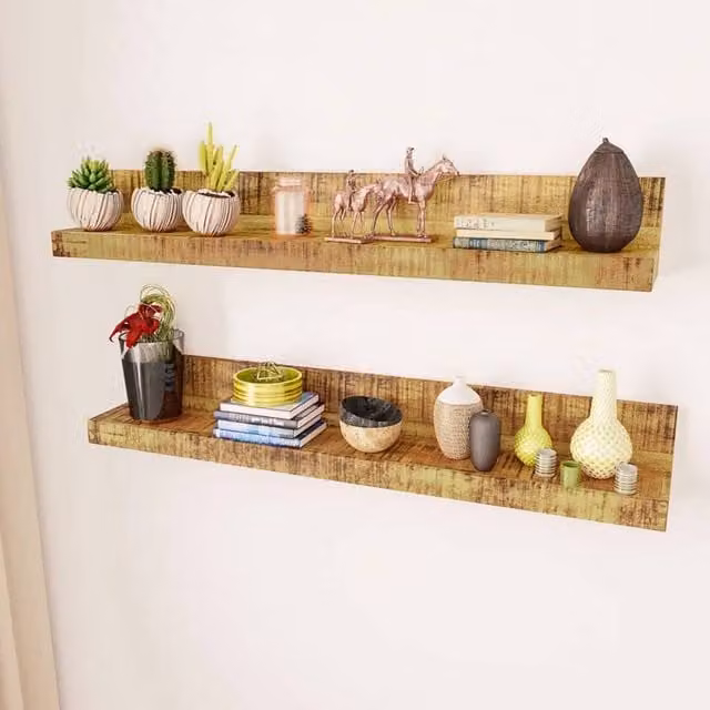 Berkfield Home Set of 2 Brown Solid Mango Wood Wall-Mounted Display Shelves – 1