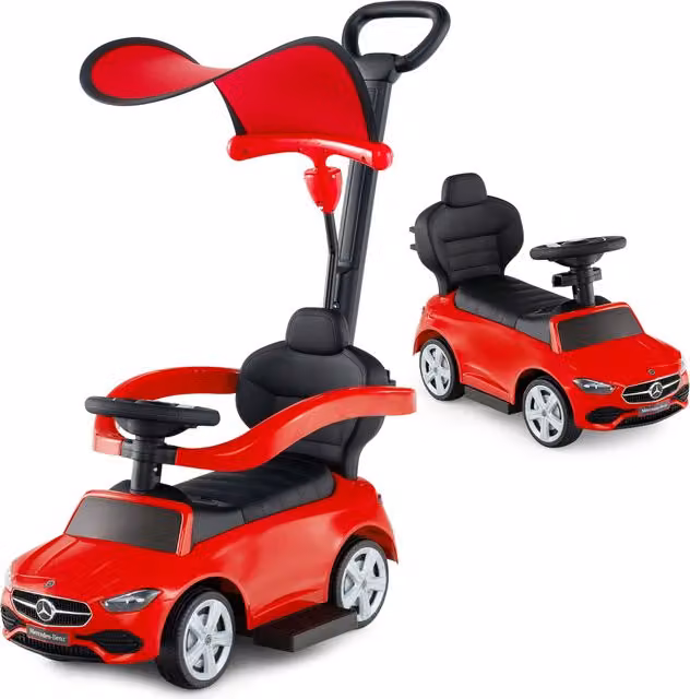 COSTWAY Mercedes 3-in-1 Adjustable Ride On Push Car with Push Handle and Light and Sound Effects in Red