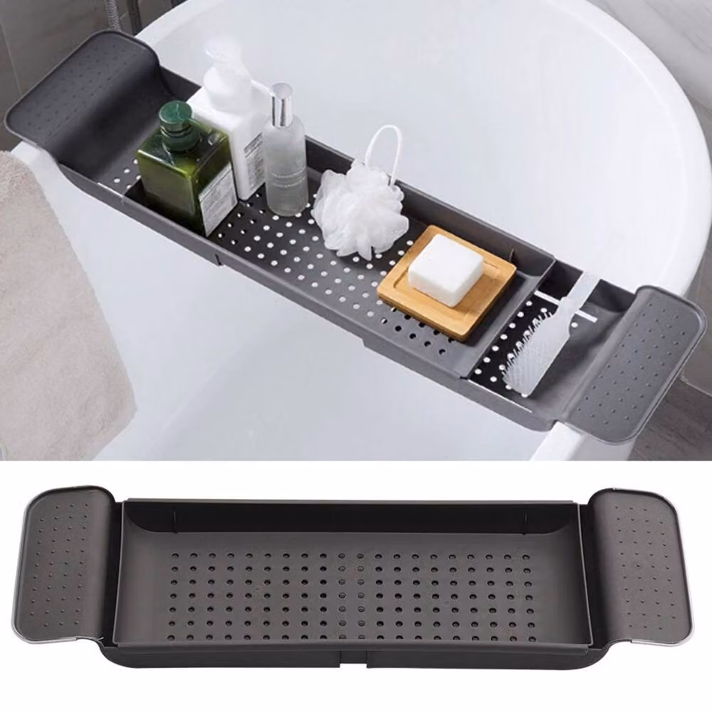 KORVIXA Black and Grey Extendable and Rustproof Bath Tub Caddy – 4