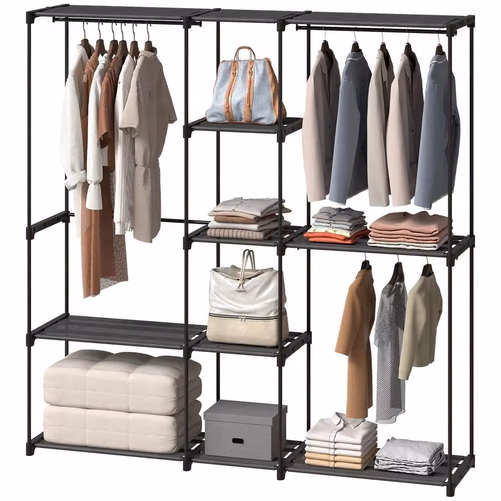 STILVORA Modern Black Open Wardrobe with 8 Internal Shelves and Hanging Rod – 2