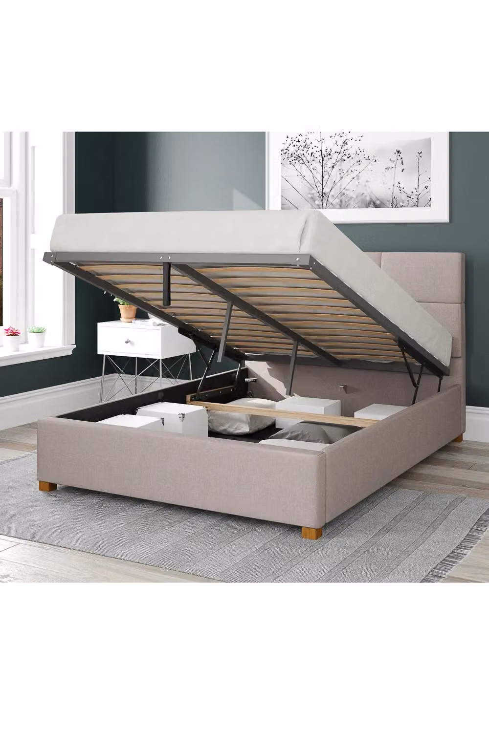 Aspire Caine Upholstered Ottoman Storage Bed in Off-White Linen Fabric, King Size (180 x 200 cm) – 2