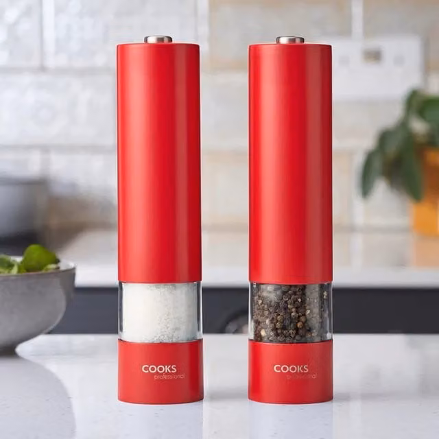 Cooks Professional Electric Stainless Steel Automatic Salt and Pepper Mill Set in Red