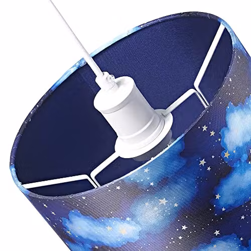 Happy Homewares Modern Round Fabric Childrens Drum Lamp Shade in Navy Blue with Gold Stars and White Clouds, Diameter: 25 cm – 4
