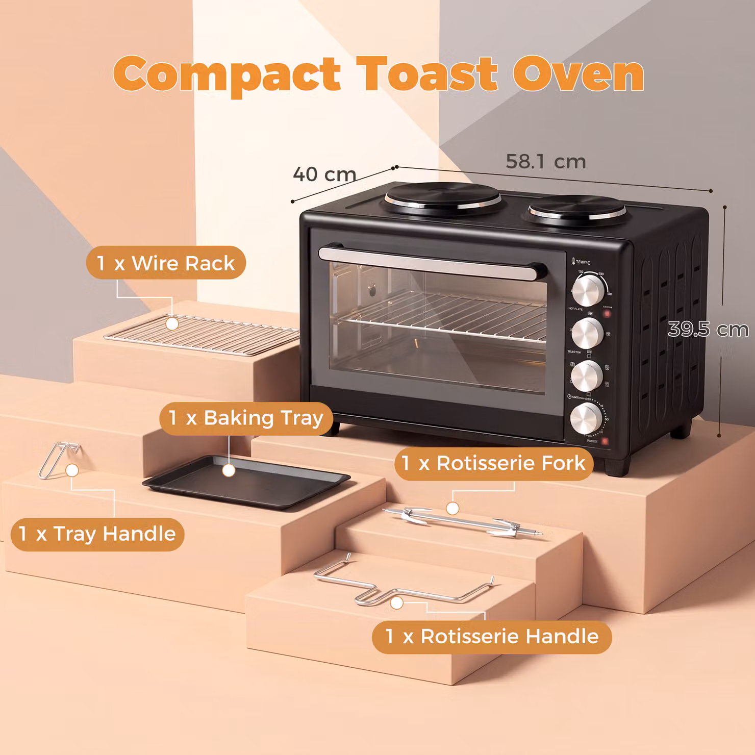 HOMCOM 46L Mini Oven with Dual Hot Plates, Black Electric Countertop Cooker with Convection, Grill and Timer, 90–230°C Adjustable Temperature – 3