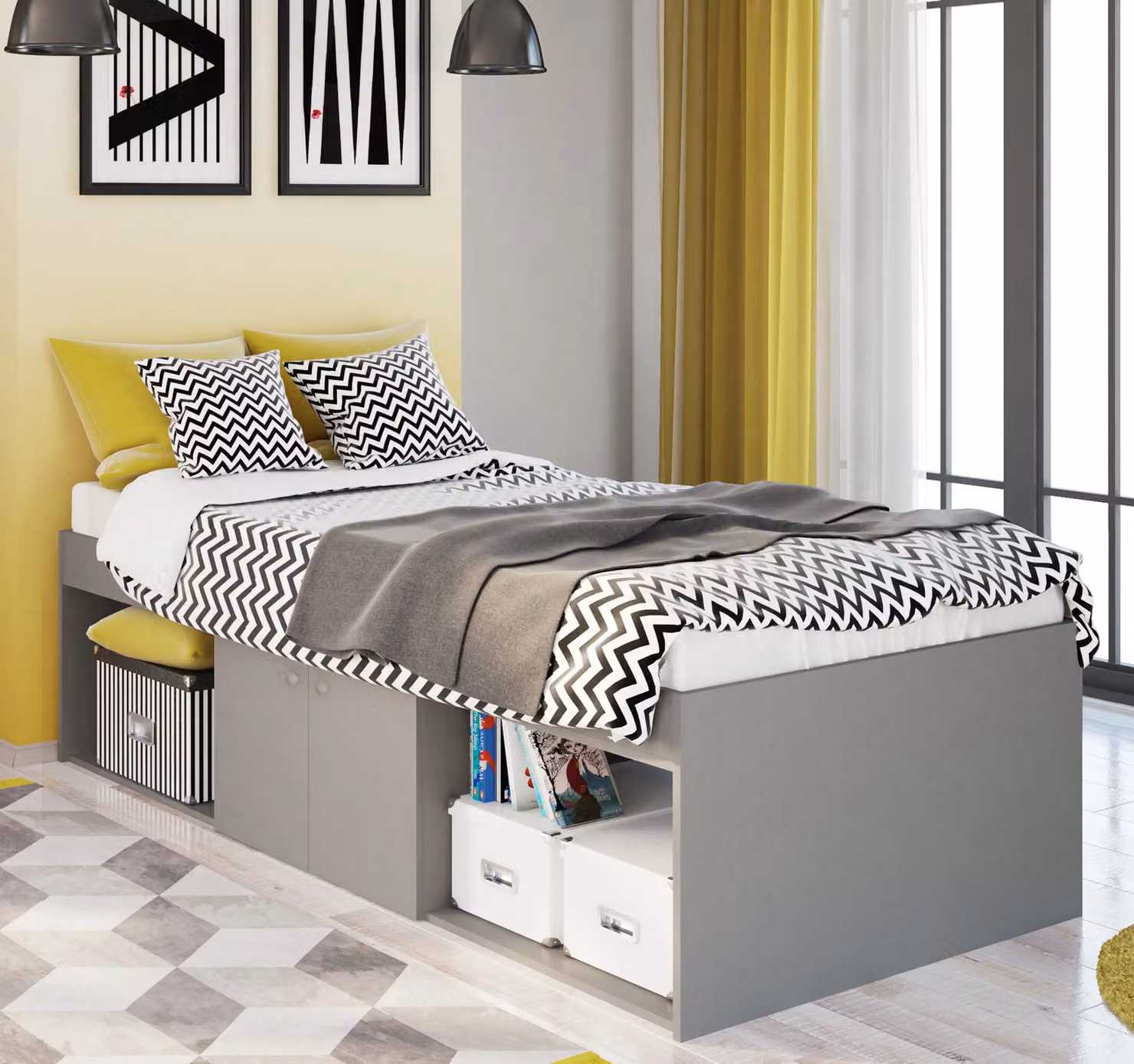 Kidsaw Mid Height Grey Single 3ft Cabin Bed with Side Compartments – 2