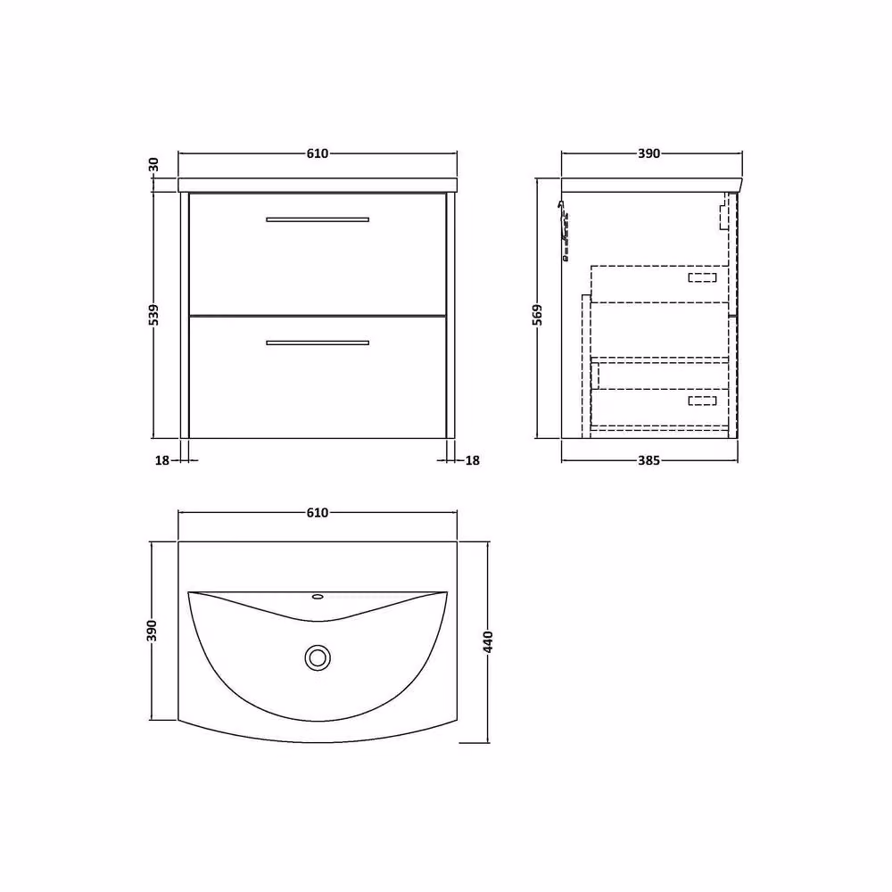 Balterley Winshill 2 Drawer Wall Hung Vanity Basin Unit, Blue, W: 60 cm, H: 53.9 cm, D: 60 cm – 2