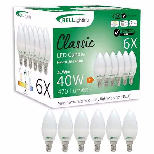 BELL Lighting E14 Dimmable LED Candle Bulbs, White, 4.7W, Pack of 6 – 1