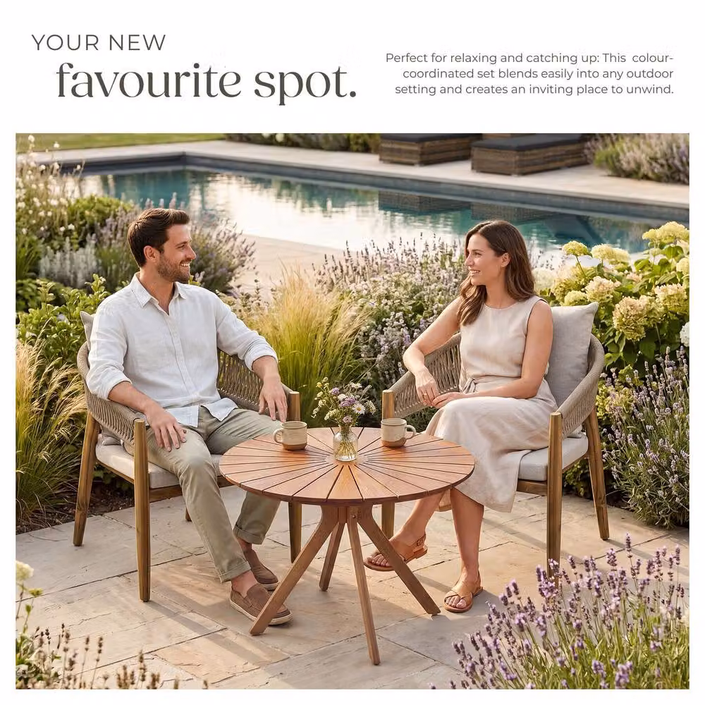 tectake 3-Piece Acacia Wood Garden Set in Sand with Round Height-Adjustable Table and 2 Chairs – 6