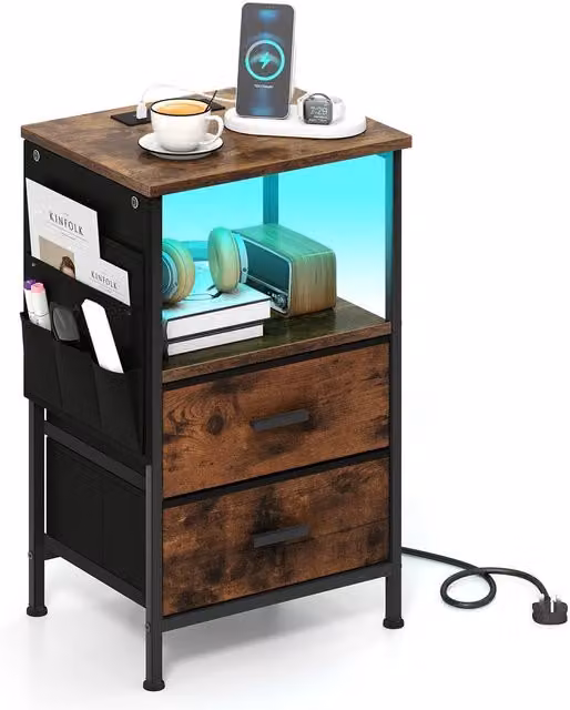 Gymax Brown Industrial Nightstand End Table with Charging Station, 2 Drawers and Integrated LED Lights – 1