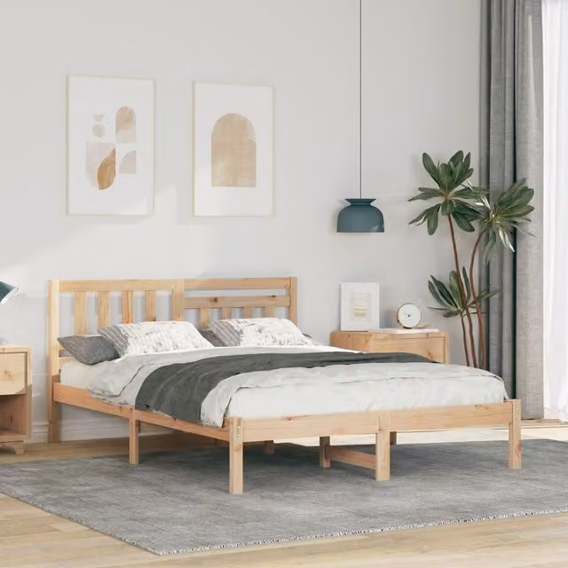 Berkfield Home Solid Pine Wood Bed with Headboard, Brown, W: 135 cm, L: 190 cm – 1