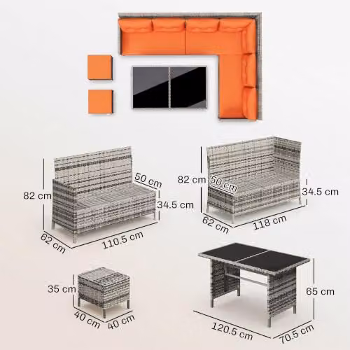 Outsunny 6-Piece L-Shape Polyrattan Garden Furniture Set with Orange Cushions and Coffee Table for 8 Adults – 6