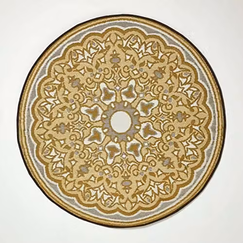 Homescapes Luxury Round Outdoor Rug, Grey and Yellow Geometric Woven Design, Diameter: 180 cm – 1