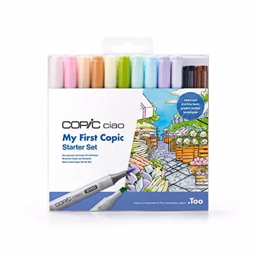 Copic Ciao My First Starter Coloured Marker Pen Set of 12, Multicolour Brush Tip Ink Pens for Art and Design