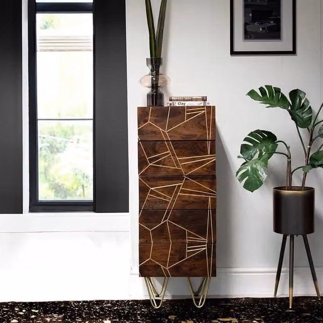 IH Design Jusleen Solid Mango Wood Tall Chest of Drawers in Brown and Gold – 1
