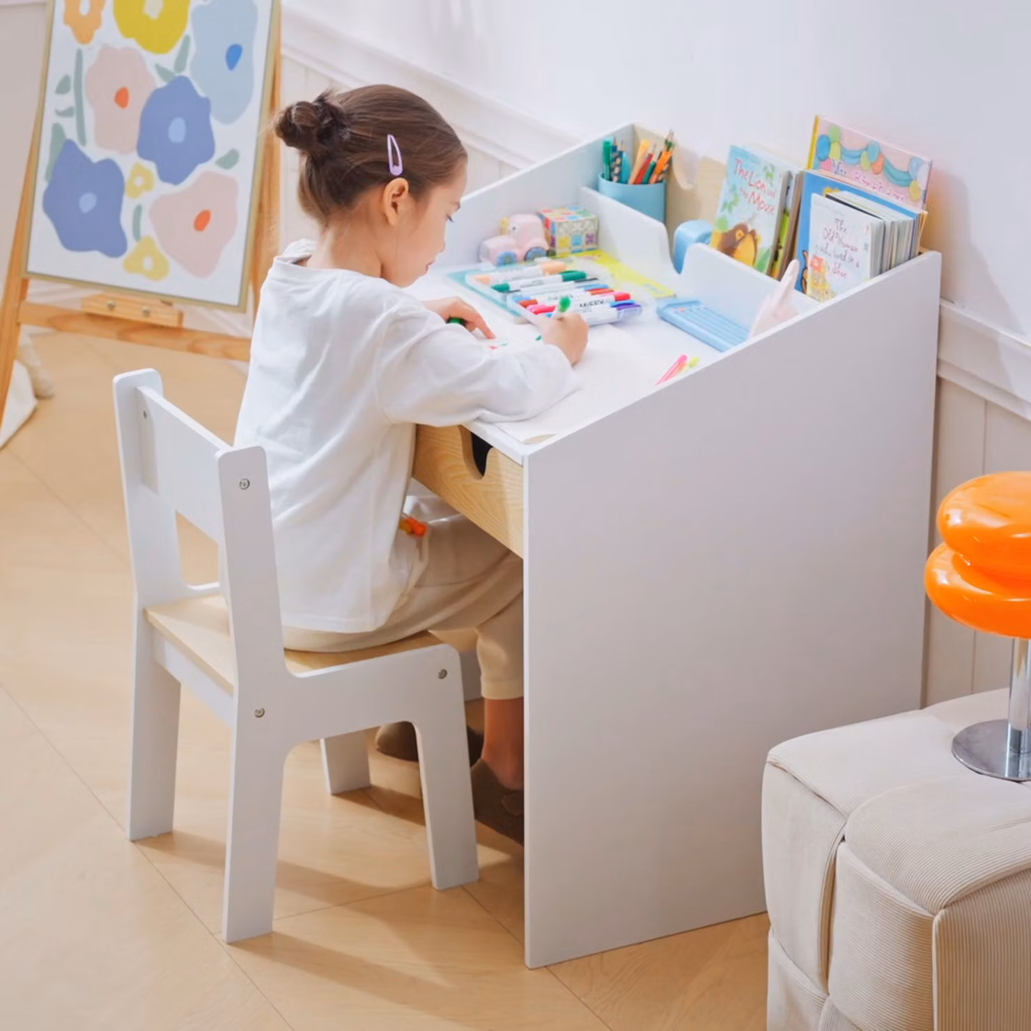 HOMCOM Kids Desk and Chair Set in White, Featuring a Study Table with Bookshelf and Pull-Out Drawer for Children Aged 3-6 Years – 3