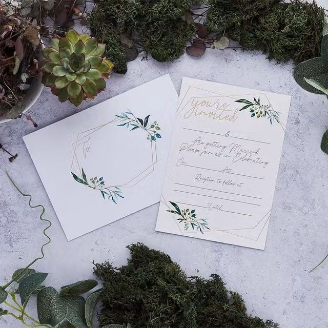 Club Green Geometric Greenery Day Invitations and Envelopes, Pack of 25, Green and White