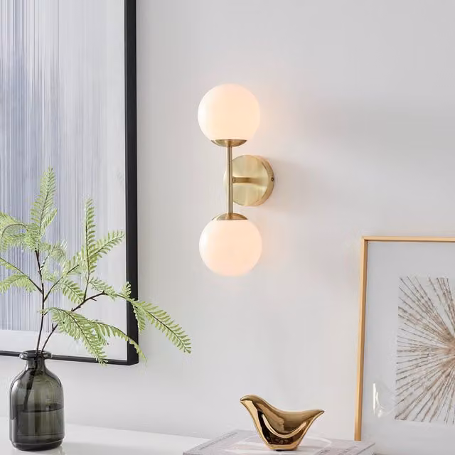 FurnitureboxUK Martha Art Deco Wall Light in Brushed Brass with White Opal Glass Globe Shades