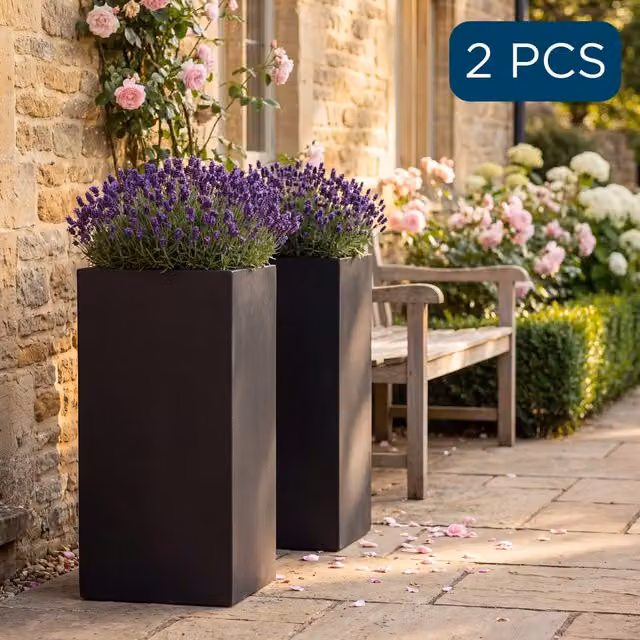 Idealist Set of 2 Tall Ornamental Garden Planters in Black Stone and Ceramic, W/D/H: 27 x 27 x 60 cm