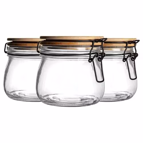 Argon Tableware Glass Storage Jars with Airtight Wooden Clip Lids, 500ml, Pack of 3, Black and Transparent – 1