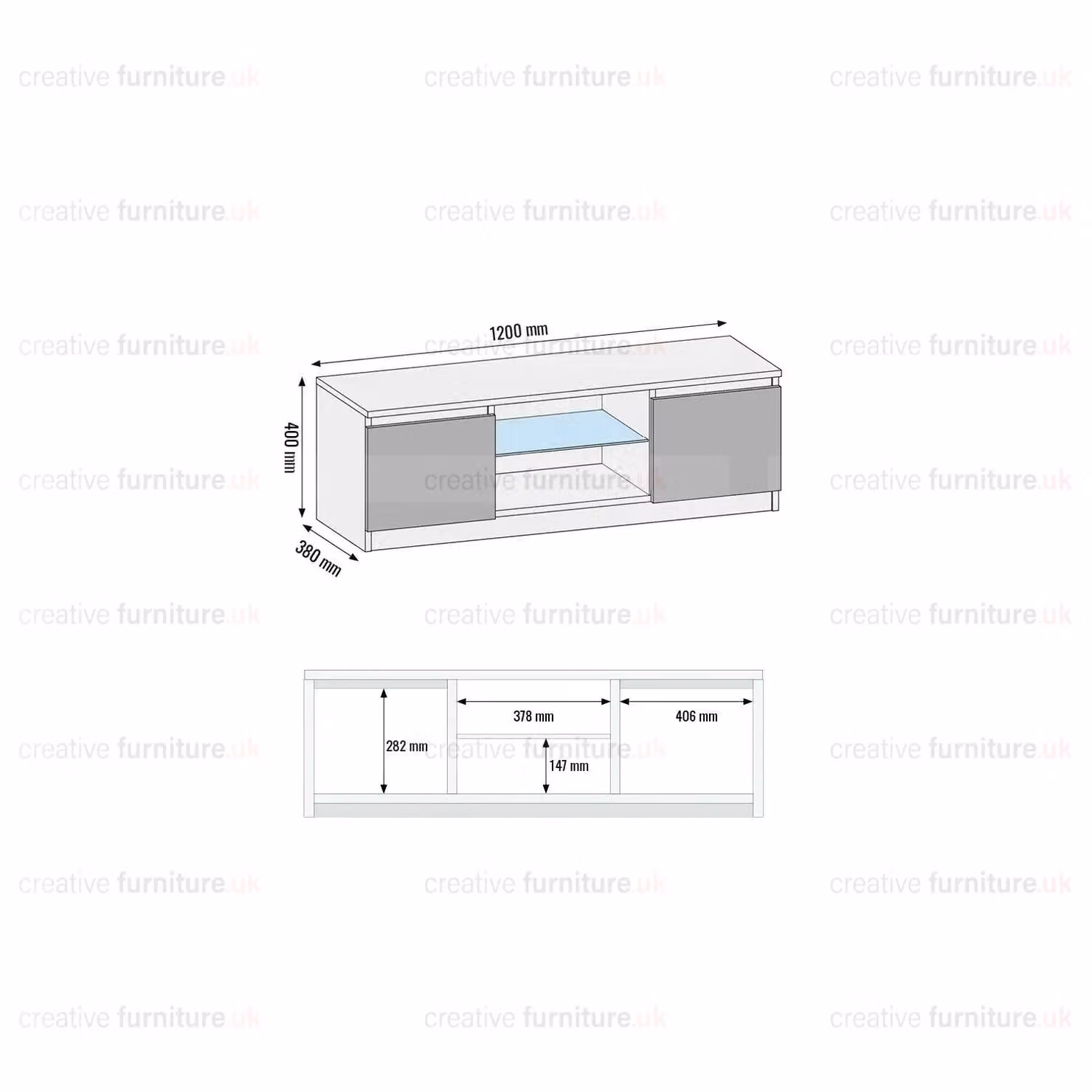 Creative Furniture Modern TV Unit in White with High Gloss Grey Doors, W/D/H: 120 x 38 x 40 cm – 3