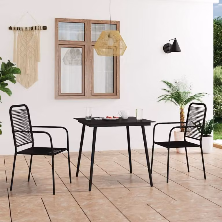 Berkfield Home Elegant 3 Piece Garden Dining Set in Black Cotton Rope and Powder Coated Steel