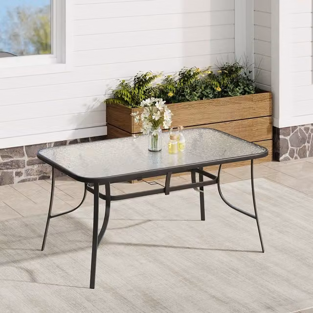 Komore Modern Black and Grey Tempered Glass Outdoor Table with Parasol Hole, Width: 150 cm