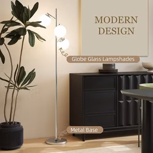 HOMCOM 3-Light Tree Floor Lamp in Silver with Adjustable Colour Temperature and Glass Spheres – 3