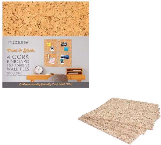 Nicoline 4 Pack Self Adhesive Brown Cork Wall Tiles Pin Board, W/D/H: 30 x 30 x 30 cm