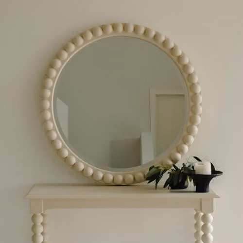 Statement Furniture Cromwell Round Wall Mirror with Wooden Bobbin Design, Diameter: 77 cm, Beige – 1