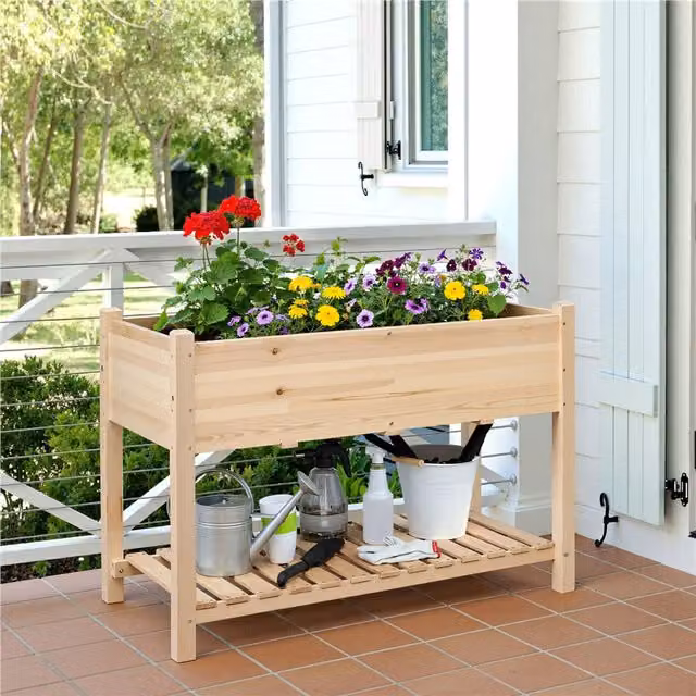 Yaheetech 2-Tier Wooden Raised Garden Bed with Shelf in Brown or Yellow