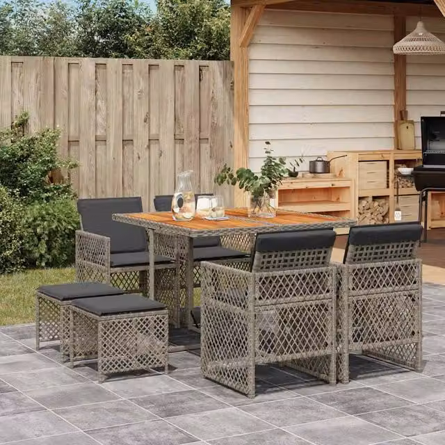 Berkfield Home 9 Piece Grey Poly Rattan Garden Dining Set with Acacia Wood Table and Cushions