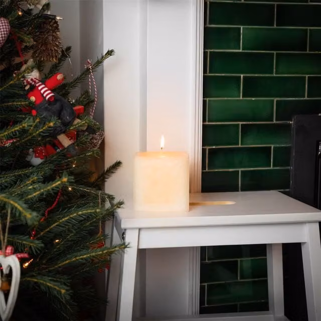 Nicola Spring Square Vanilla Pillar Candle in Cream and Beige with 120hr Burn Time