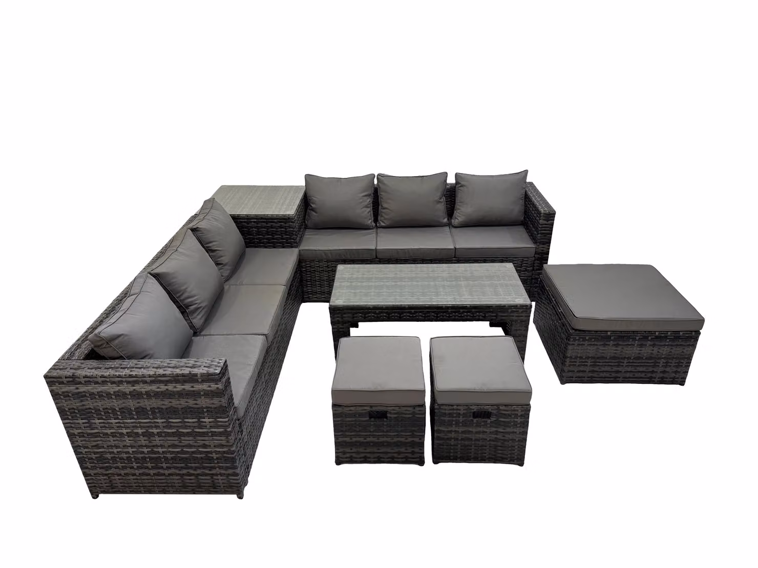 Fimous 9 Seater Rattan Garden Furniture Set in Dark Grey with L-Shape Corner Element, Ottoman, Coffee Table and Upholstered Cushions – 2