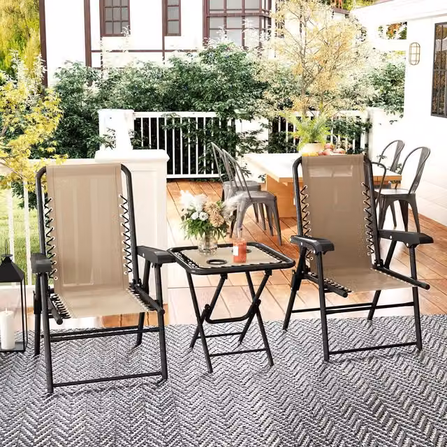 OUTSUNNY 3 Piece Folding Metal Garden Bistro Set with Cup Holders in Beige – 1