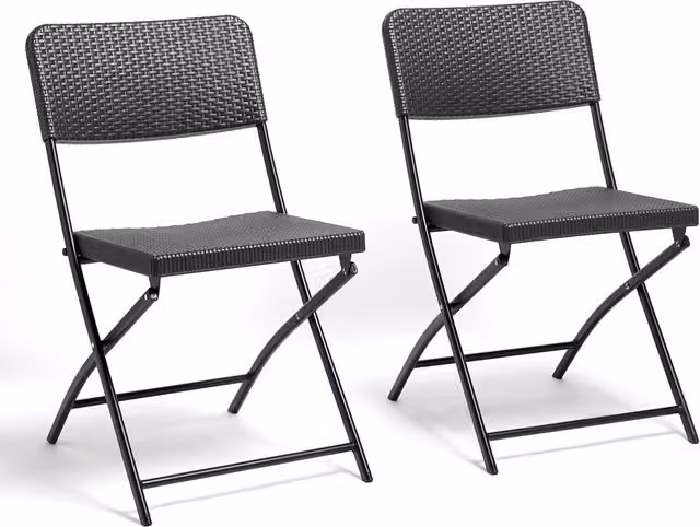 VonHaus Set of 2 Grey Rattan Effect Folding Garden Chairs with Black Metal Frame