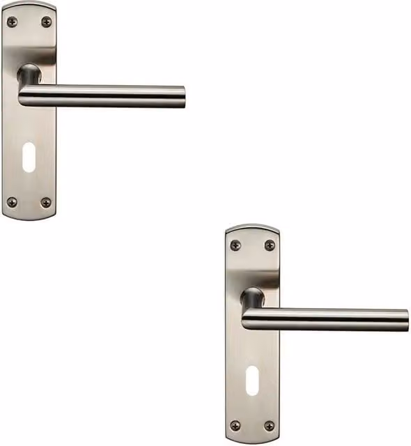 Loops 2x Mitred Lever Door Handle on Lock Backplate, Satin Stainless Steel, Silver, W/D/H: 17.2 x 4.4 x 6.2 cm