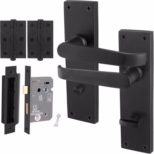 AFIT Matt Black Bathroom Door Handle Set with Backplate and Hinges, 1 Pair – 1