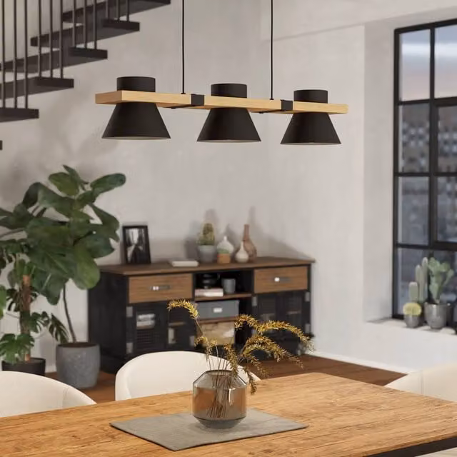 Eglo Maccles 3-Light Industrial Pendant Lamp with Black Metal Cone Shades and Wood Accents in Black and Brown
