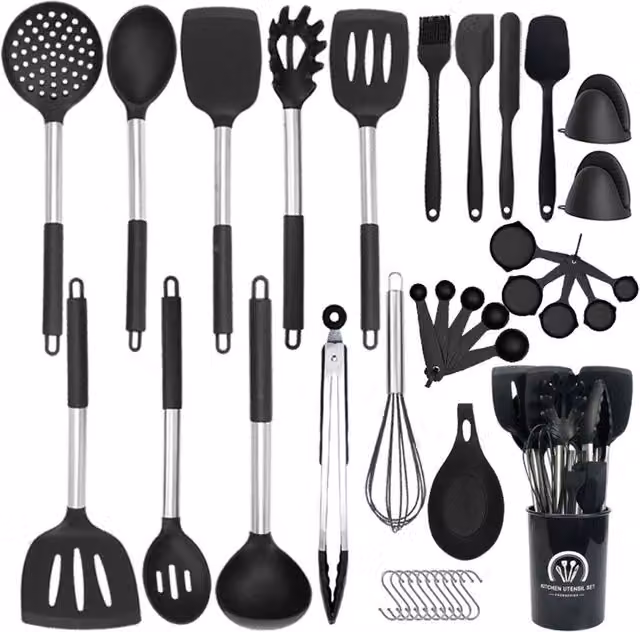 Living and Home 38-Piece Black Silicone Non-Scratch Kitchen Cooking Utensil Set – 1