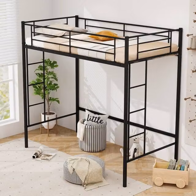 Gymax Metal Loft Bed Frame with Safety Guardrail in Black – 1