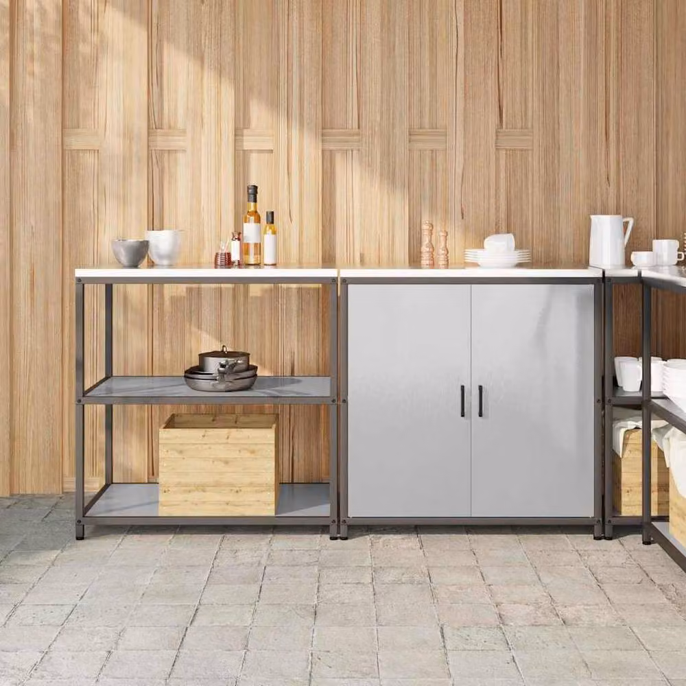 Berkfield Home Modern 2-Piece Silver Metal Kitchen Storage Set with Adjustable Shelves and Hinged Doors – 2